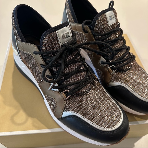Michael Kors Liv Trainer Glitter Chain Mesh Sneaker Shoes Bronze Size 8.5 - Picture 6 of 11